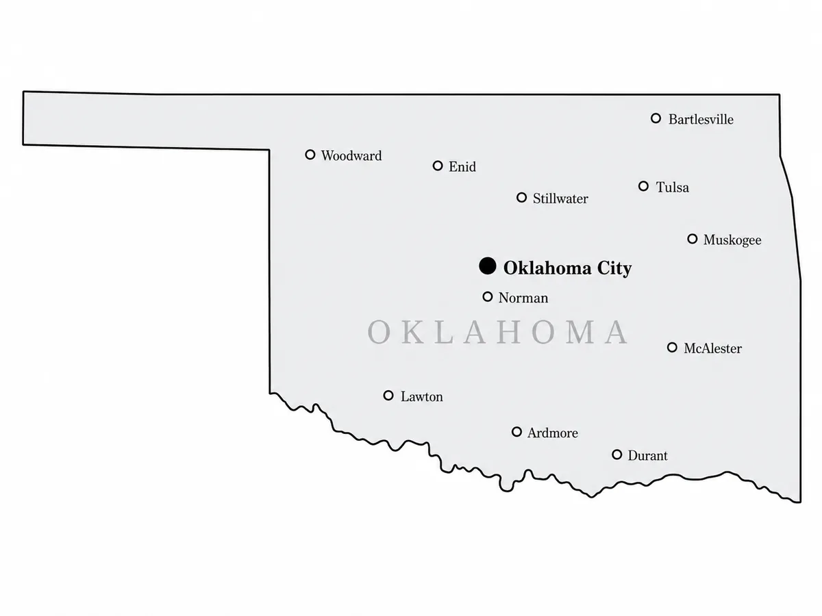 Map of Oklahoma with major cities marked including Oklahoma City, Tulsa, Norman, Enid, Lawton and Durant